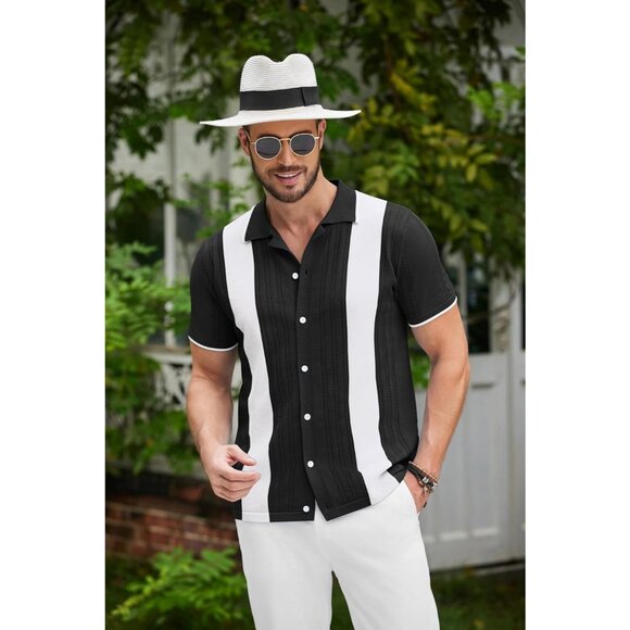 "Men's Retro Knit Button Down Polo Shirt Short Sleeve Casual Black White Top" - Picture 3 of 4